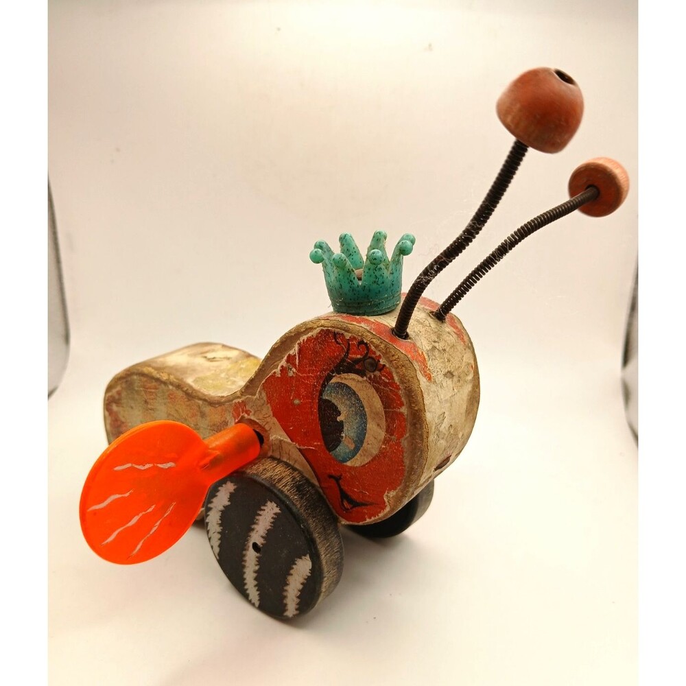 Fisher-Price Vintage Wooden Pull Toy Bug on Wheels with Orange Wings